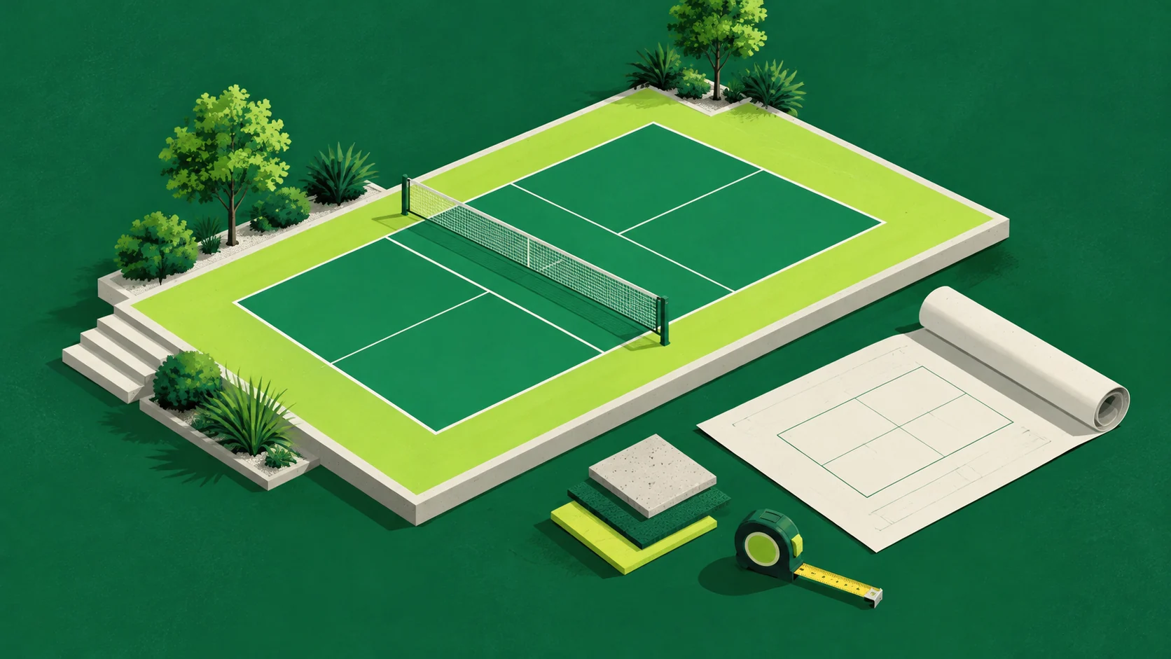 Illustrated pickleball court with material samples, a rolled plan and tape measure.
