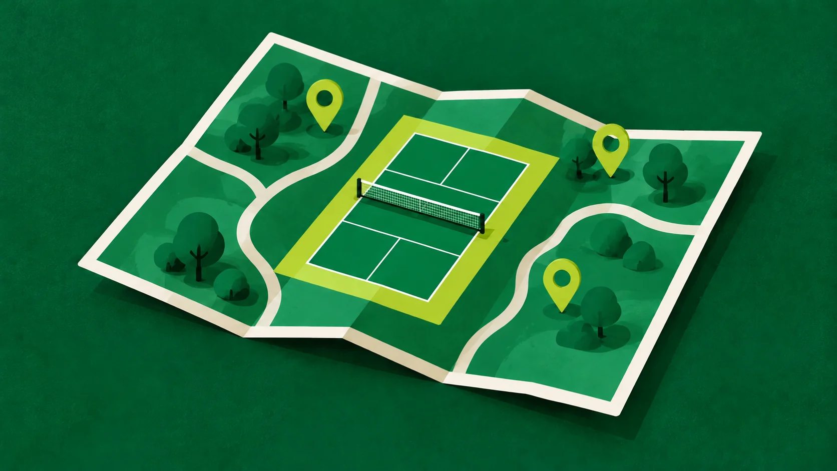 Concept map with a pickleball court and three lime location pins.