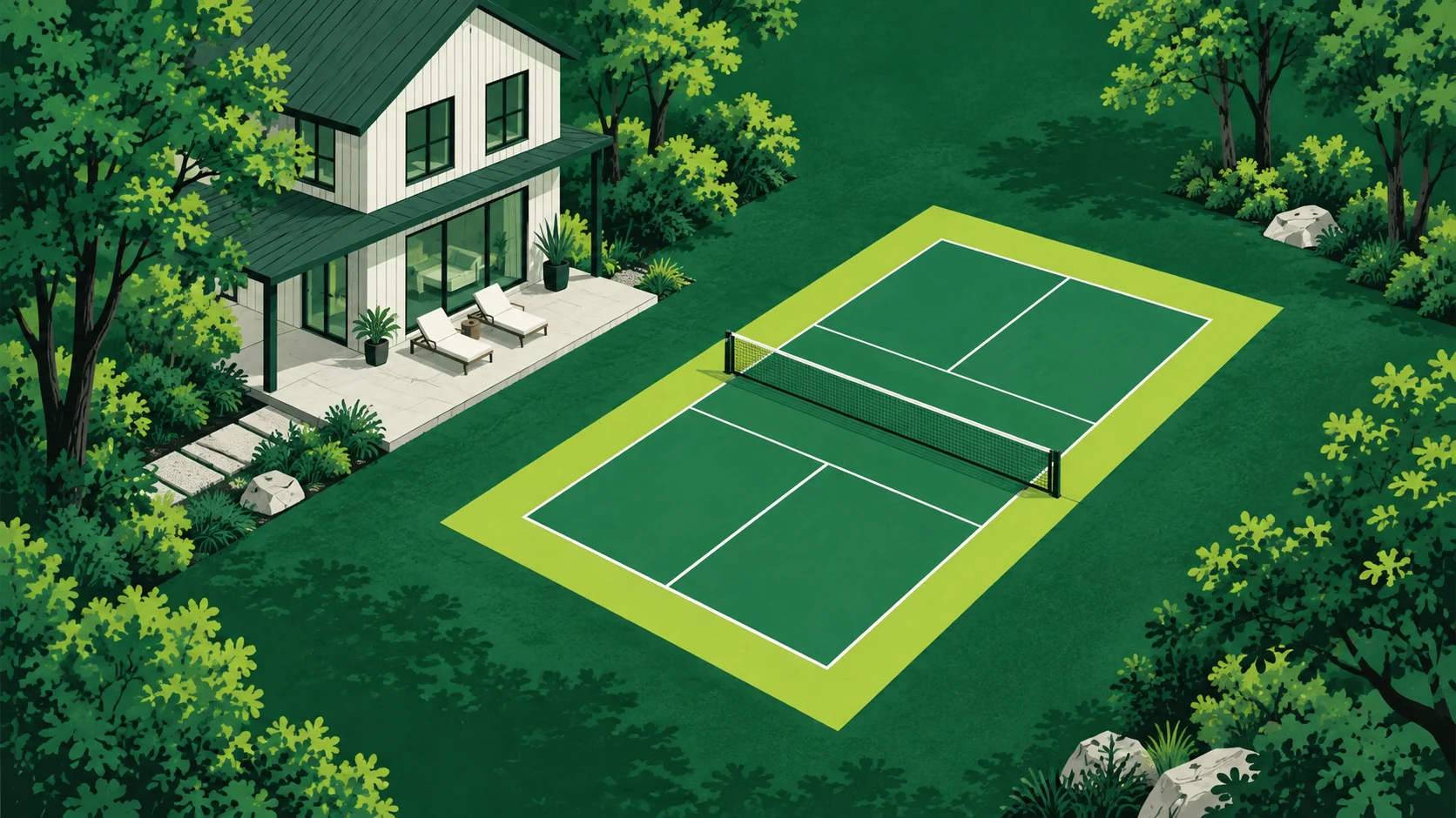 Illustrated private pickleball court beside a vacation rental cottage.