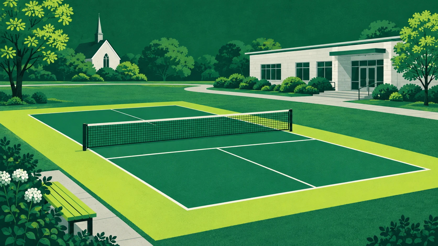 Illustrated pickleball court beside a community hall and chapel.