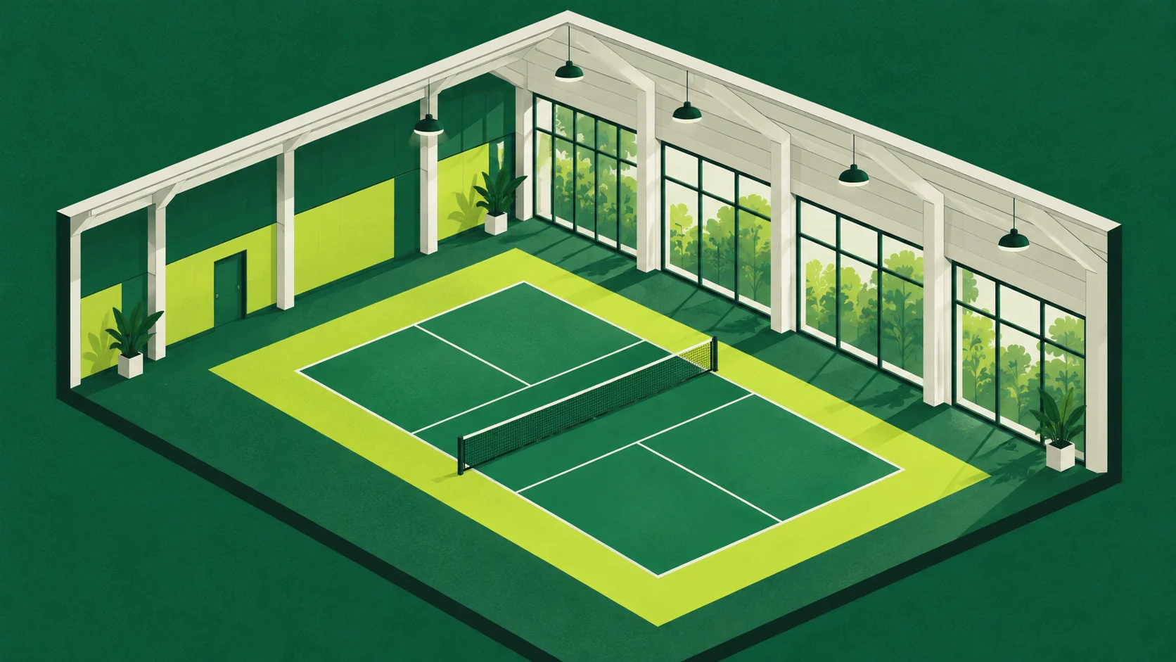 Illustrated indoor pickleball court beneath pale roof beams and tall windows.